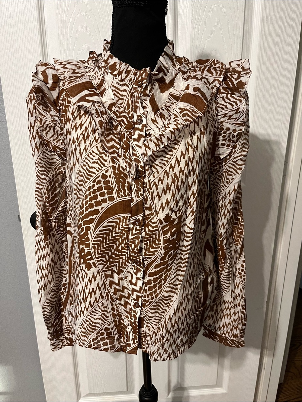 Karlie Brown and White Ruffle-Trim Button Front Blouse